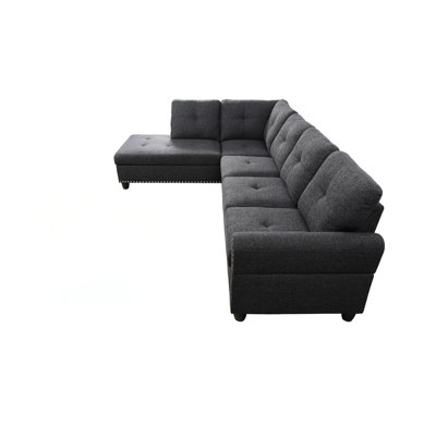 Left Hand Facing 2 - Piece 98" & Chaise, Charcoal Grey Linen Blend, Round Arm And Back Design, Nailhead Trim, Foam Filled Supportive Seats, Removable Backs, Seats Five For Family Hangouts Wide Chaise