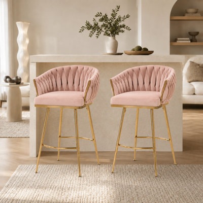 Glam Tufted Bar Stools (Set of 2) -  Upholstered Counter Stools with Gold Metal Legs for Kitchen & Ba