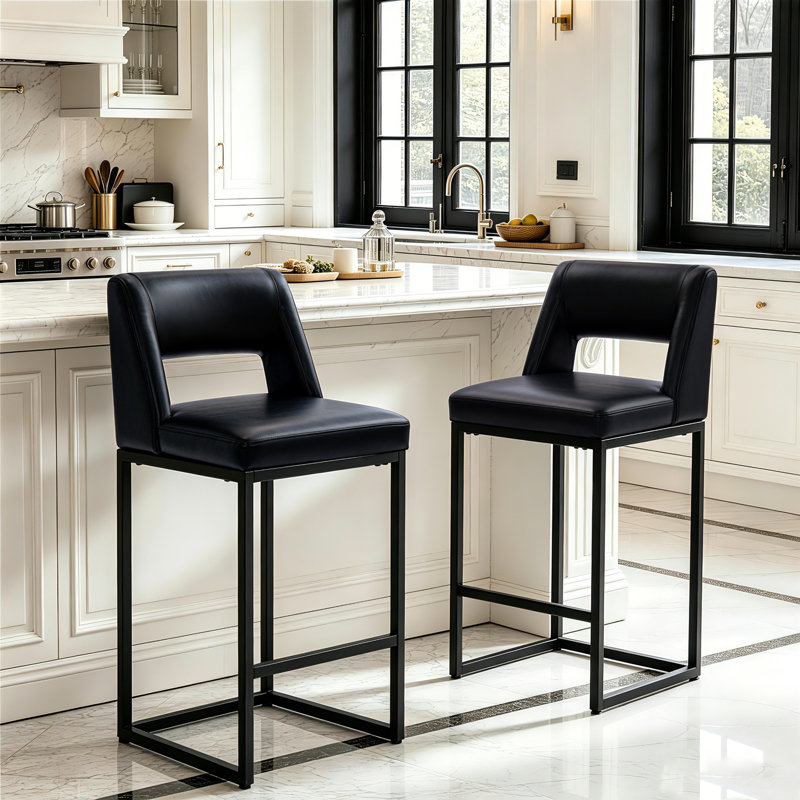 Cindina 26 Inch Fresh Look Upholstered Faux Leather Counter Height Bar Stools With Metal Frame, Black Seat/Black Frame, 2