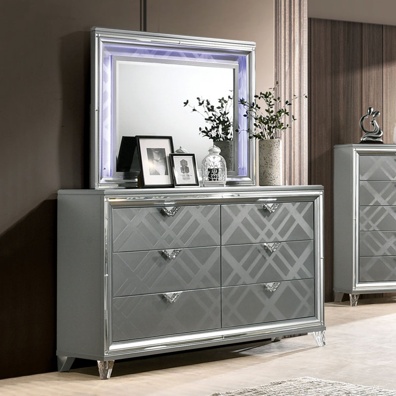 Commode double 6 tiroirs avec miroir Waldrup, Argent