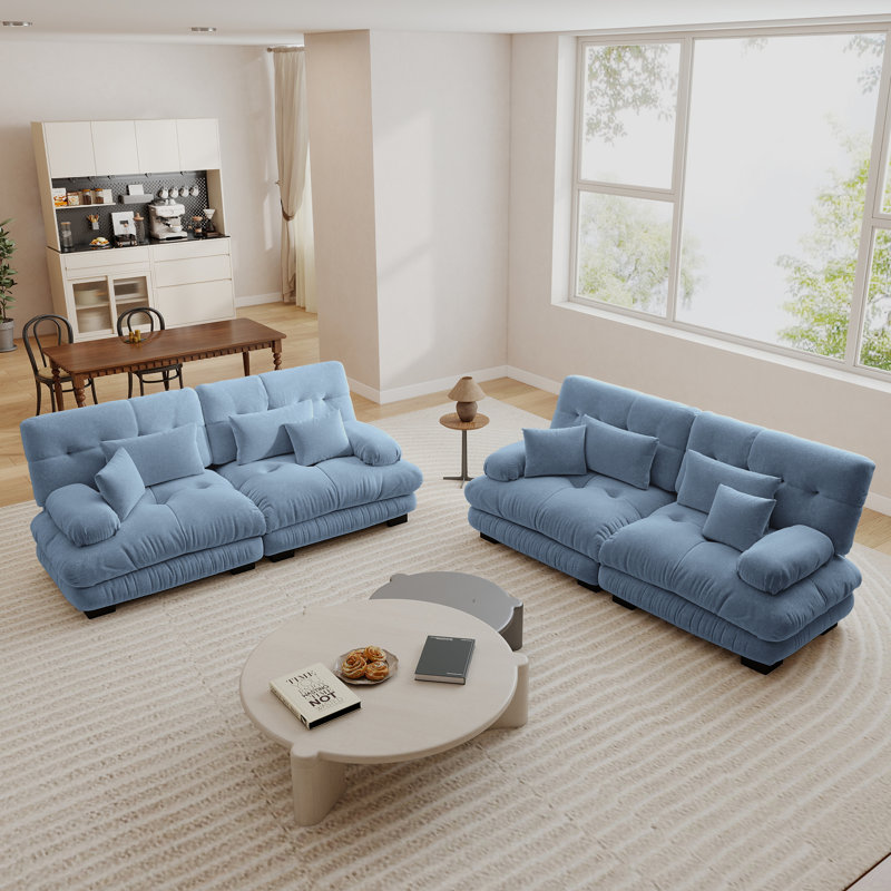 Ensemble de salon modulaire en chenille 2 pièces avec sièges profonds et coussins, bleu, Bleu cendré