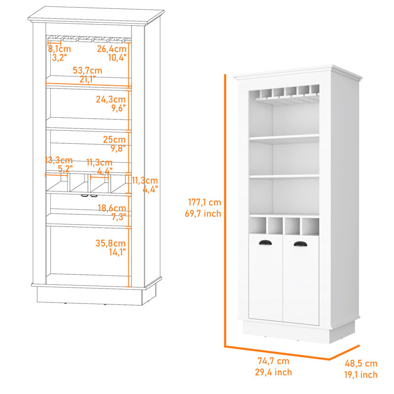 Armoire de bar blanche avec 4 casiers à vin intégrés et compartiment intérieur élégant avec beaucoup de rangement, Blanc