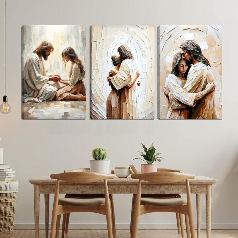 3 pièces encadrées, art mural sur toile, Jésus, embrassant la femme, affiches, impressions spirituelles, guérisons spirituelles, textures beiges, décoration murale pour chambre à coucher, salon, décoration d'églises