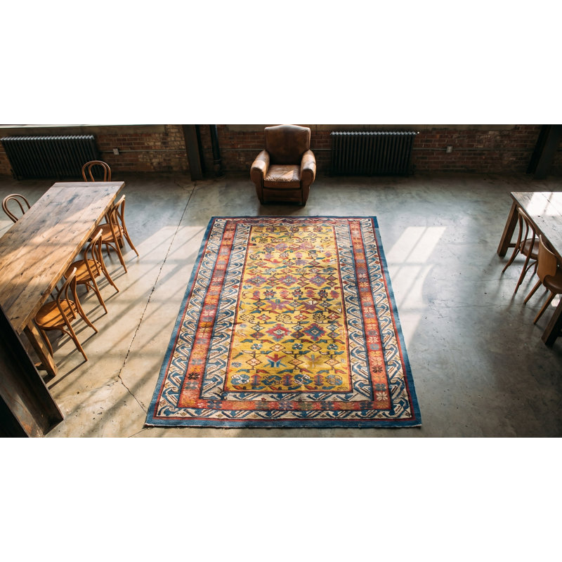 Small Tribal Geometric Antique Yellow Gold Color Caucasian Seychour Wool Pile Rug