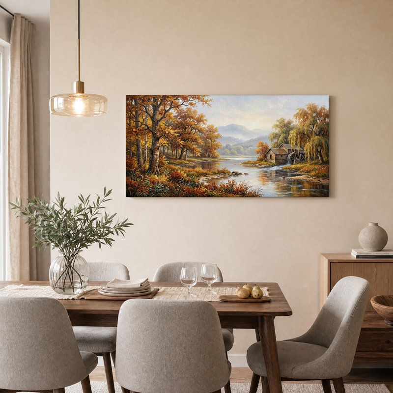 Impression sur toile en bois moulin à eau sur rivière avec feuillage doré, 32“W x 16”H