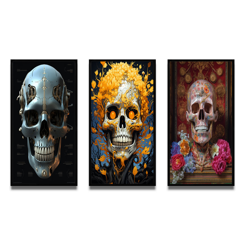«Happy Cyborg Skull» - ensemble de 3 pièces sur toile, Cadre noir, H 36 po x l 28 po