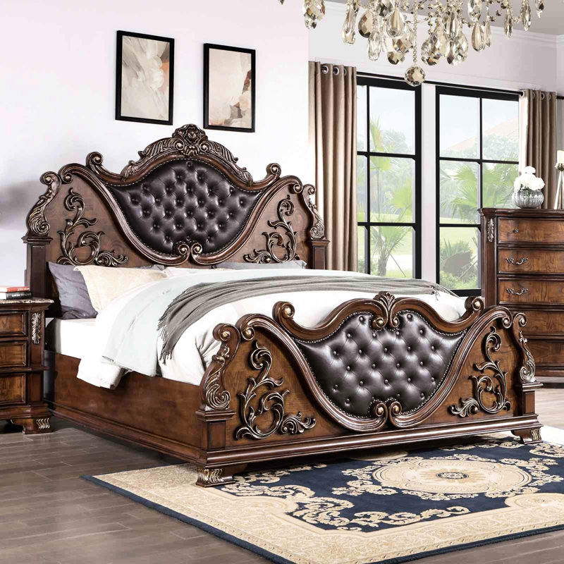 Grand lit de luxe grand, style traditionnel, cerisier brun, bois massif et marbre