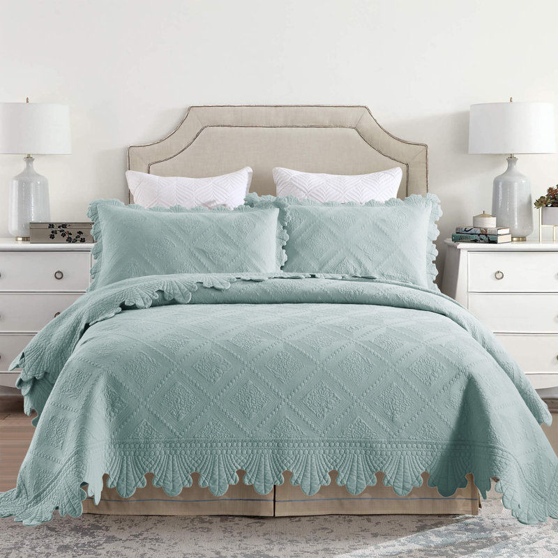 Tkembroidery Cotton Abstract Bedding, Queen Quilt + 2 Standard Shams, Aqua Green