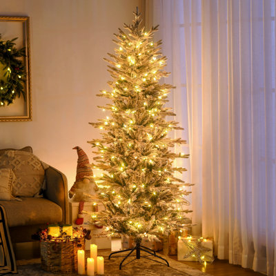 Arbre de Noël artificiel haut 6 pi avec 636 branches floquées par la neige, 250 lumières claires jaunes chaudes, ouverture automatique, ampoule supplémentaire