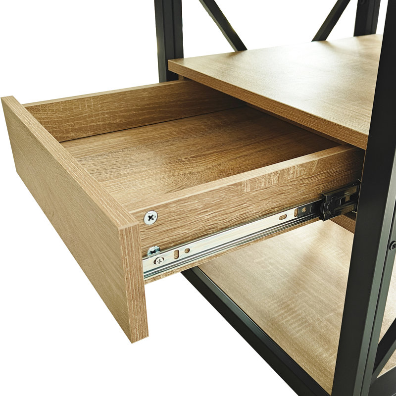 Table de chevet pour chambre et salon : table d'appoint moderne avec tiroir, bois naturel, verre trempé, rangement astucieux à plusieurs niveaux et construction de qualité, style industriel - structure en X stable et fonctionnelle