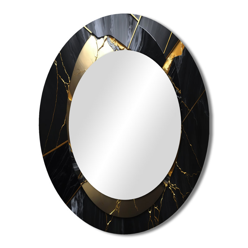 Abstrait Geode Gold III - Grand miroir mural ovale sur métal, 43 po x 33 po
