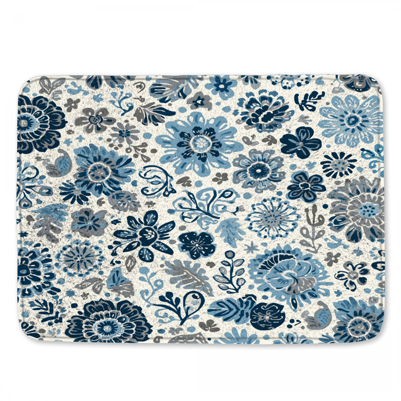 Tapis de bain à motif floral bleu gris, 34 po L x 21 po L