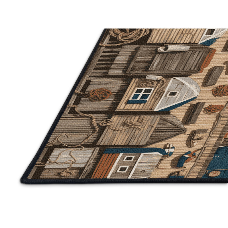 Washable Harbor Scene Coastal Area Rug, Rectangle 7' x 10'