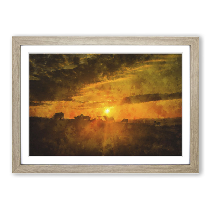 Flock Sheep and Sunset - Framed Print, 48cm H x 65cm W x 2cm D, Oak Framed