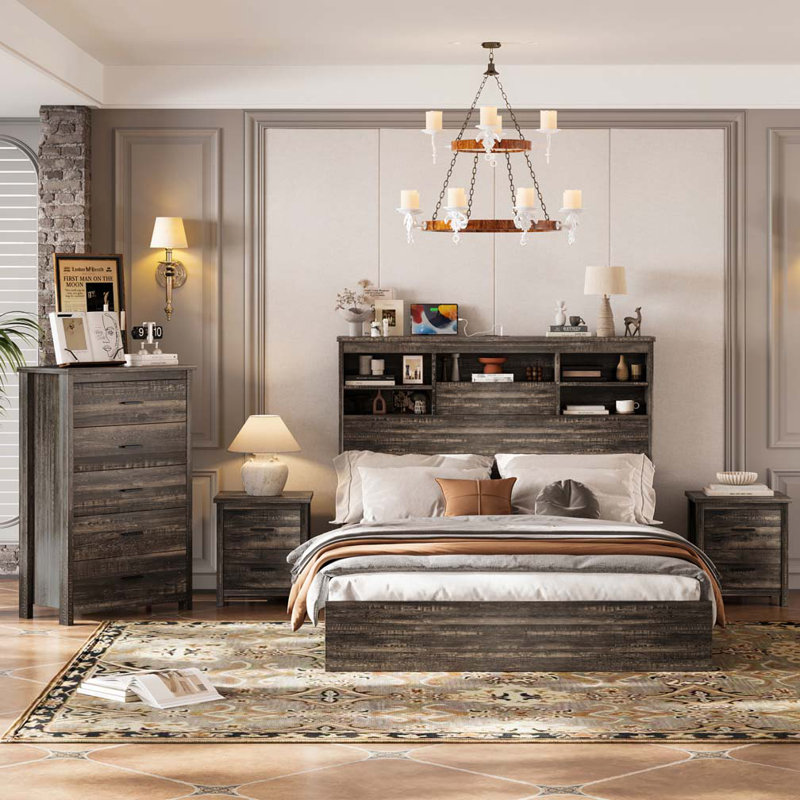 Ensemble de chambre à coucher 4 pièces, base de lit grand en bois avec tête de rangement et station de charge, 2 tables de chevet avec 2 tiroirs, 1 commode avec 5 tiroirs, gris antique