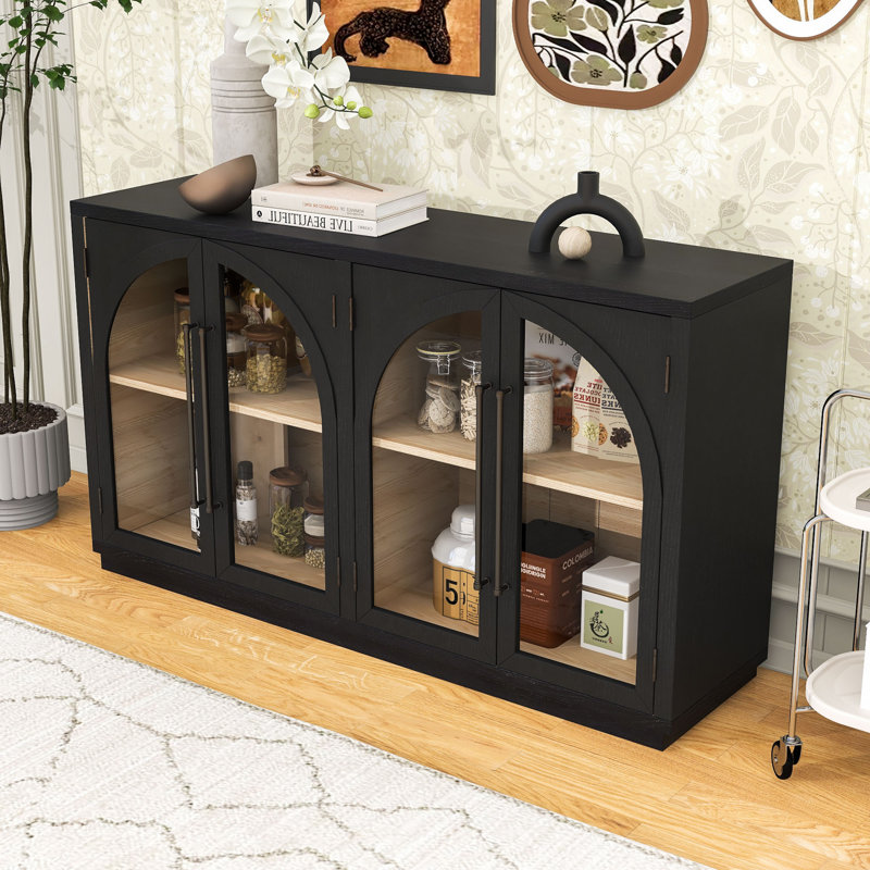 Buffet 4 portes en verre arqué avec tablettes réglables et gestion des câbles, Noir
