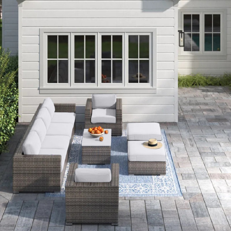 Denyah Fully Assembled 9 Piece Sofa Seating Group with Sunbrella Cushions | Fully Assembled Seating Set, Mixed Gray
