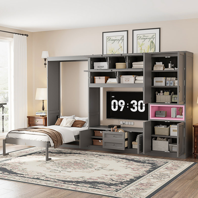 Lit escamotable en bois avec meuble télé, Gris