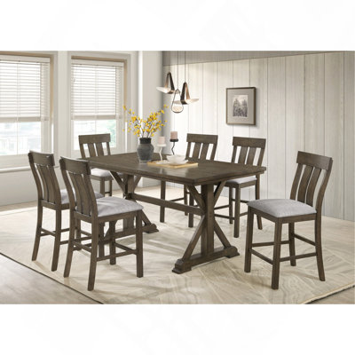 Dining Set 7-Piece Rustic, Counter Height, Brown Wooden, Upholstered, Dining Room Furniture