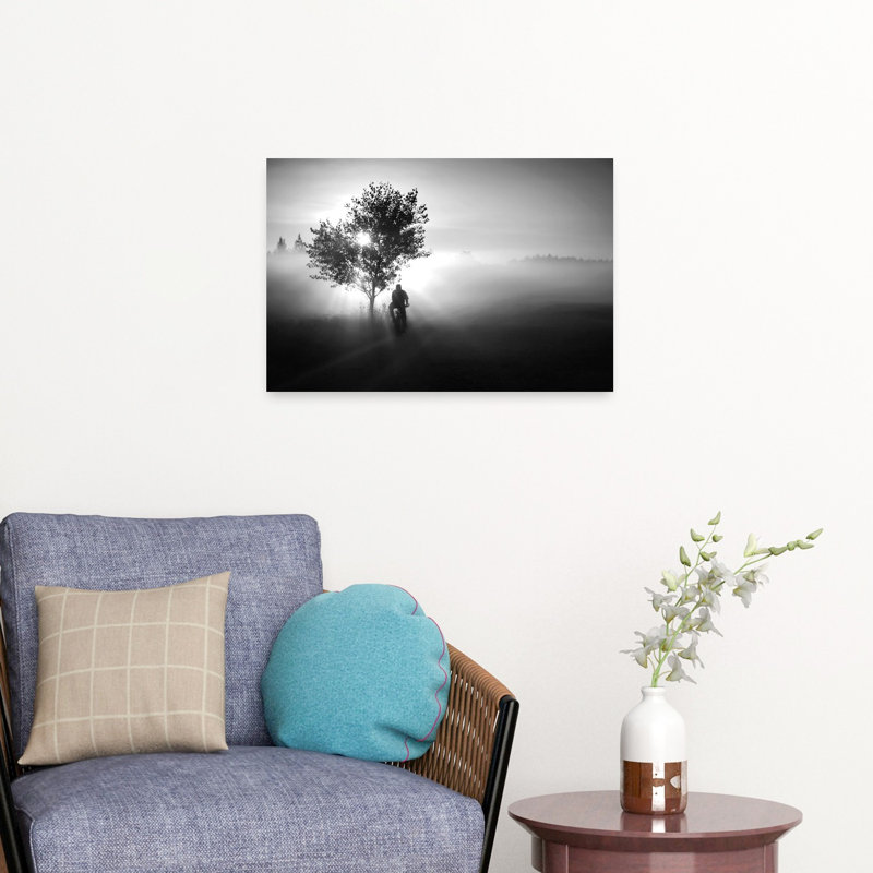 " Misty Morning Cyclist Dreamy Peaceful Serene Nature Sunrise Wall Art Print " by Roswitha Schleicher-Schwarz, 16" H x 24" W