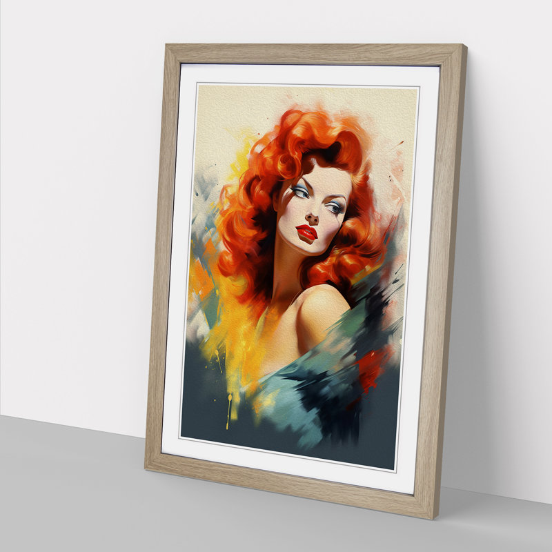 Red Headed Woman Modern - Single Picture Frame Print on Wood, Oak Framed, 46cm H x 34cm W x 2cm D