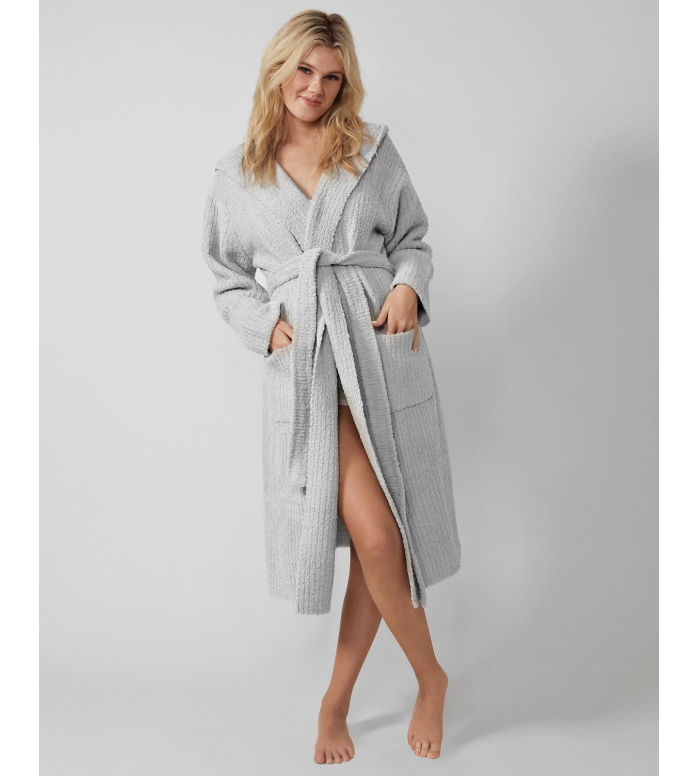 Ribbed Microfiber / Microsuede Fleece Mid-Calf Bathrobe with Pockets and Hood, Cloud Gray, XL