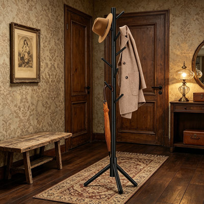 Freestanding Tree-Shaped Coat Rack With 8 Hooks And 3 Adjustable Positions; Suitable For Storing Clothes, Hats, And Bags In Bedrooms, Hallways, Entryways, And Offices.