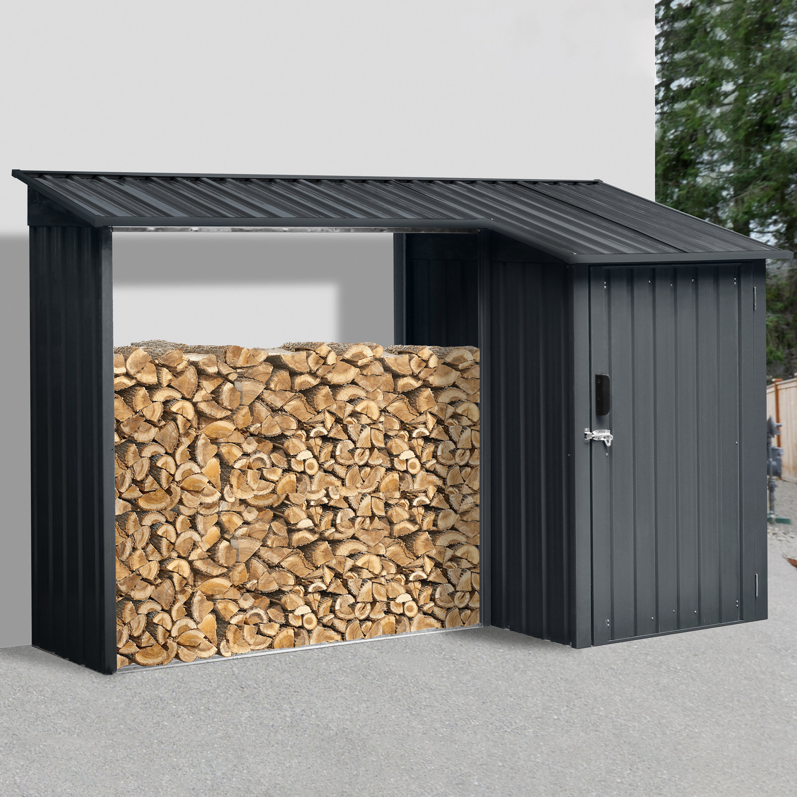 GZMWON Outdoor Steel Firewood Rack And Metal Storage Shed Two-In-One ...