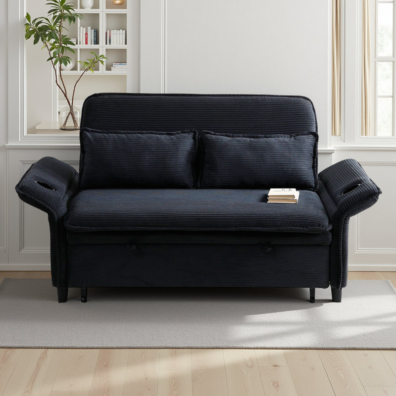 Multi-Functional 65.7" Adjustable Sofa Bed with Pull-Out Sleeper, 2 Soft Pillows and 2 Cup Holders, Black