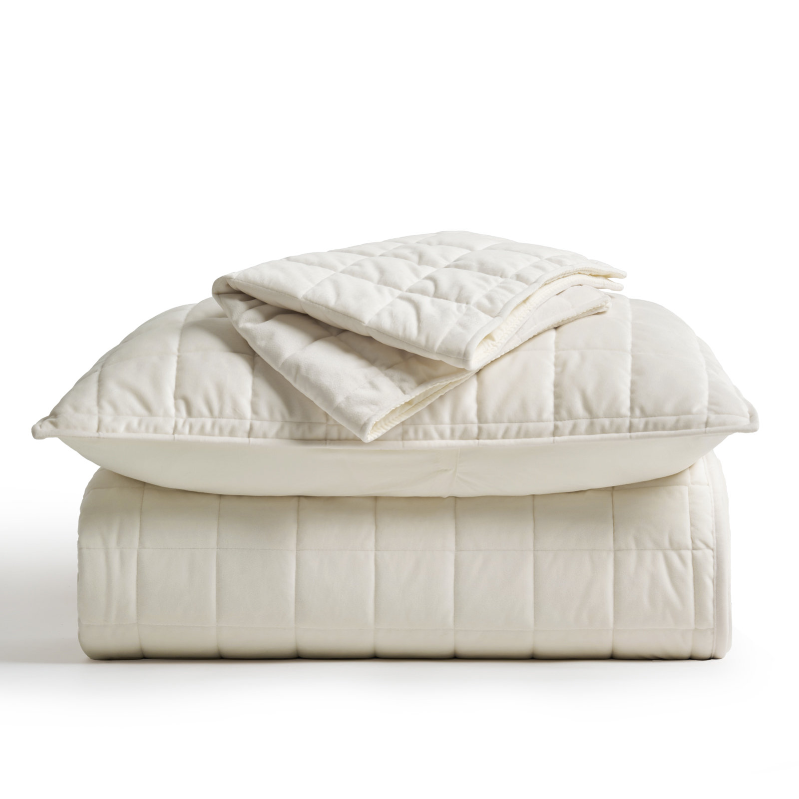 Velvet Quilt Set, Queen Quilt + 2 Standard Shams, Ivory White