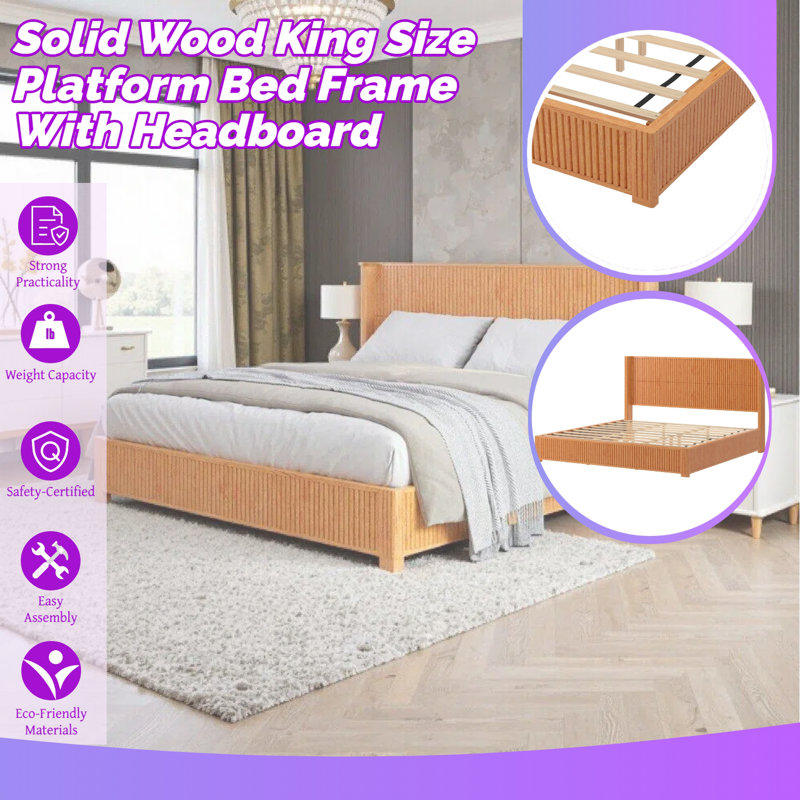 Solid Wood King Size Platform Bed Frame With Headboard, No Box Spring Needed, Easy Assembly, Natural
