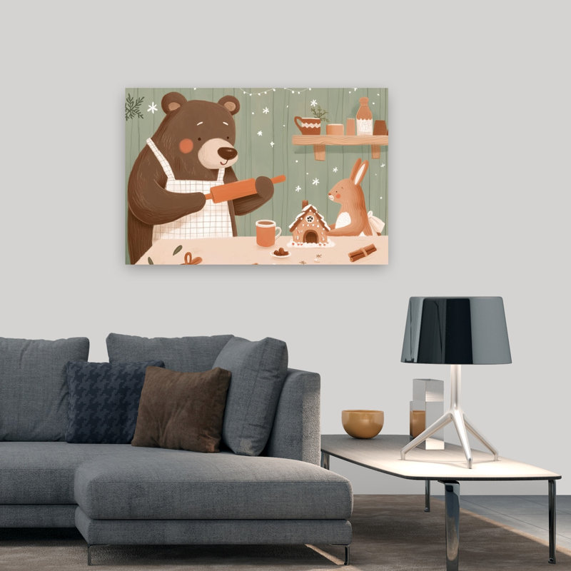 Holiday Baking Friends Abstract Contemporary Bear Rabbit Winter Forest Wall Art Print by Mathieu - Wrapped Canvas Print