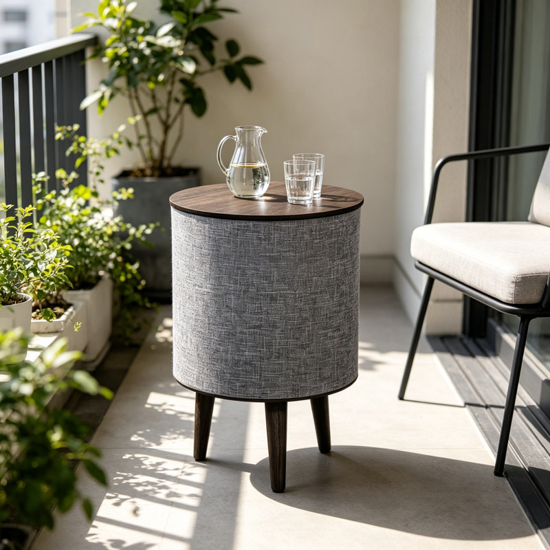Table de bout intelligente avec haut-parleur Bluetooth et chargeur sans fil, bois noir et lin, batterie intégrée