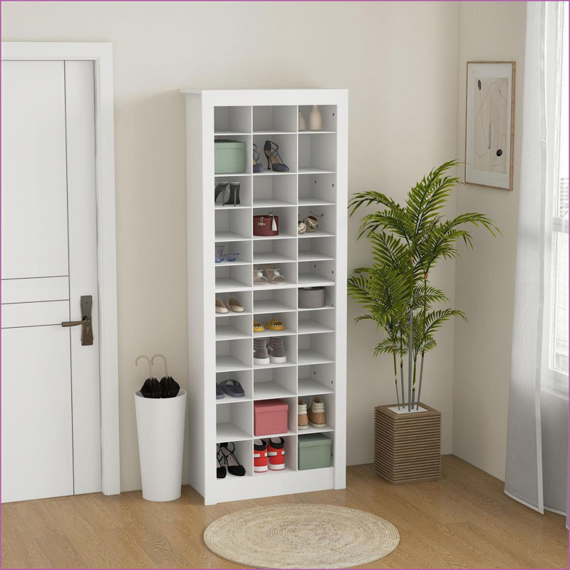 Range-chaussures de 71 po de hauteur avec rangement étroit blanc neige, 36 paires de cubes ouverts pour le vestibule | Moderne | Panneau de particules