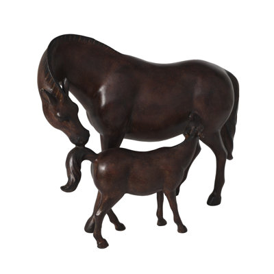 Sculpture cheval polystone décoratif brun foncé avec maman et bébé