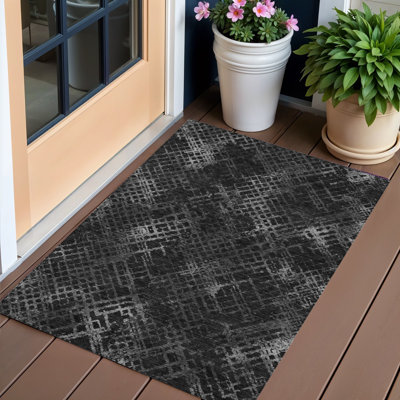 8' Charcoal Round Abstract Washable Indoor Outdoor Area Rug