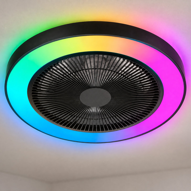 Ventilateur de plafond intelligent noir avec lumière DEL à changement de couleur RVB, intensité variable, application et télécommande