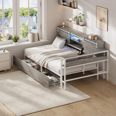 Structure de lit simple d'angle avec rangement, station de charge et lumières à DEL RVB, plateforme en métal avec bureau et bibliothèque pour enfants adolescents