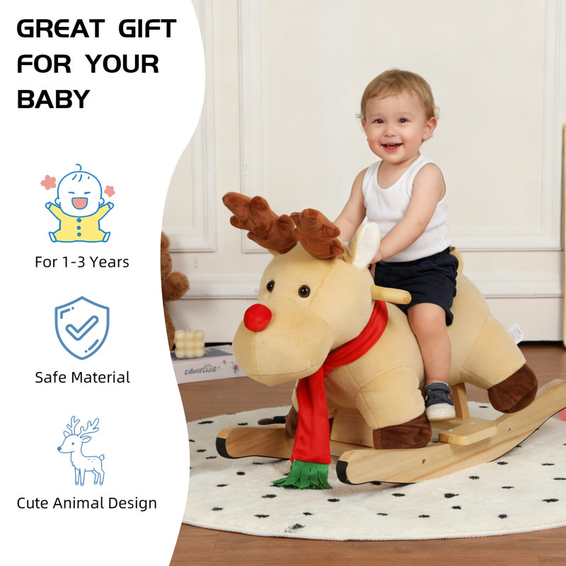 Cheval à bascule pour enfants avec chanson berceuse, orignal à bascule avec marionnettes et ceinture de sécurité pour enfants de 1 à 3 ans