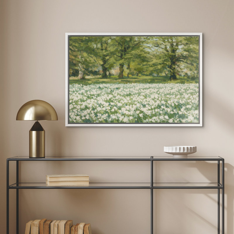 "Fresh Green Forest Meadow Wildflower Landscape Nature" Wall Decor for Living Room, H 16 po x l 24 po x P 1,5 po, Blanc