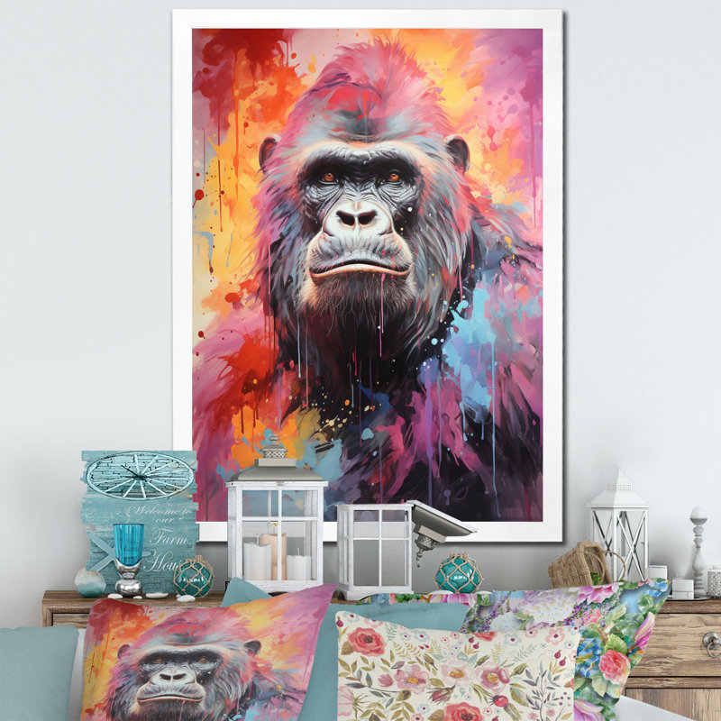 " Pink Black Popart Gorilla ", 32" H x 24" W x 1" D, White Single Picture Framed
