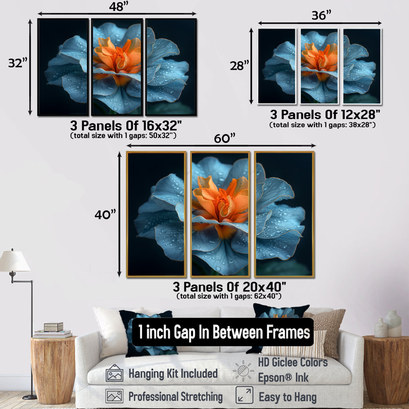 Ensemble de décorations murales délicates orange et bleu, Toile encadrée flottée blanche, H 40 po x l 60 po x P 1 po