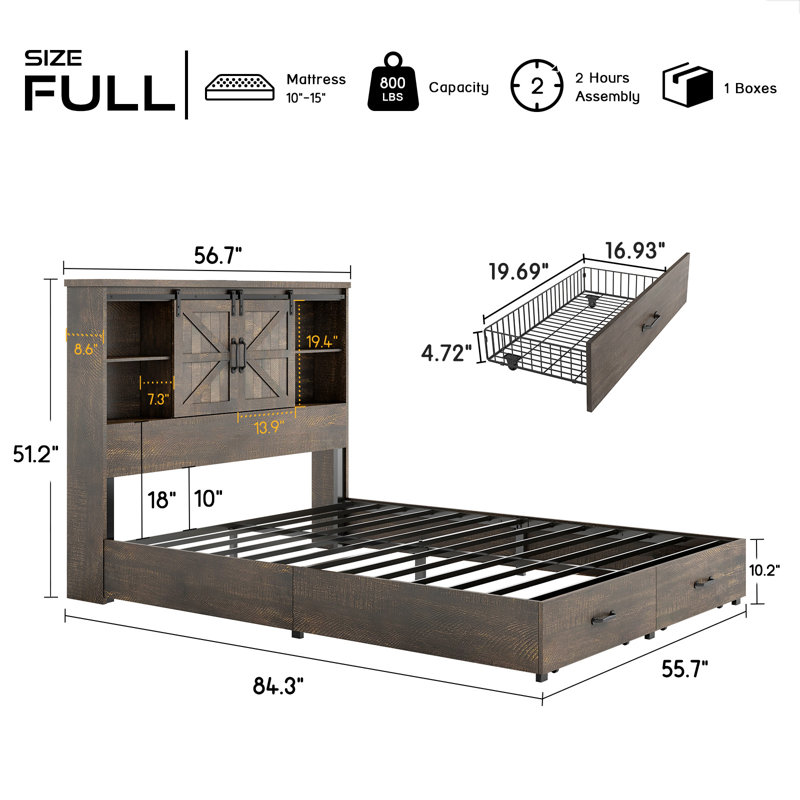 Full Size Brown Wood Platform Bed with Bookcase Headboard and Drawers