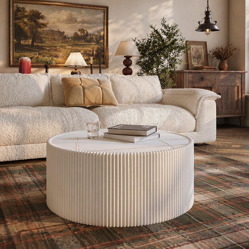 Table basse à rayures élégantes et minimalistes Bloxson, table basse ronde moderne, table basse à tambour rond pour salon, chambre à coucher