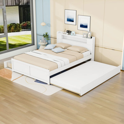 Grand lit plateforme en bois avec DEL, 2 tiroirs et lit gigogne