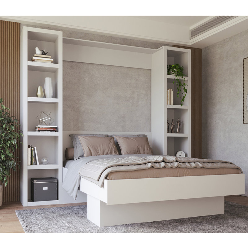 Easy-Lift Murphy Wall Bed in Wood Grain with Two Bookshelves, White, Queen