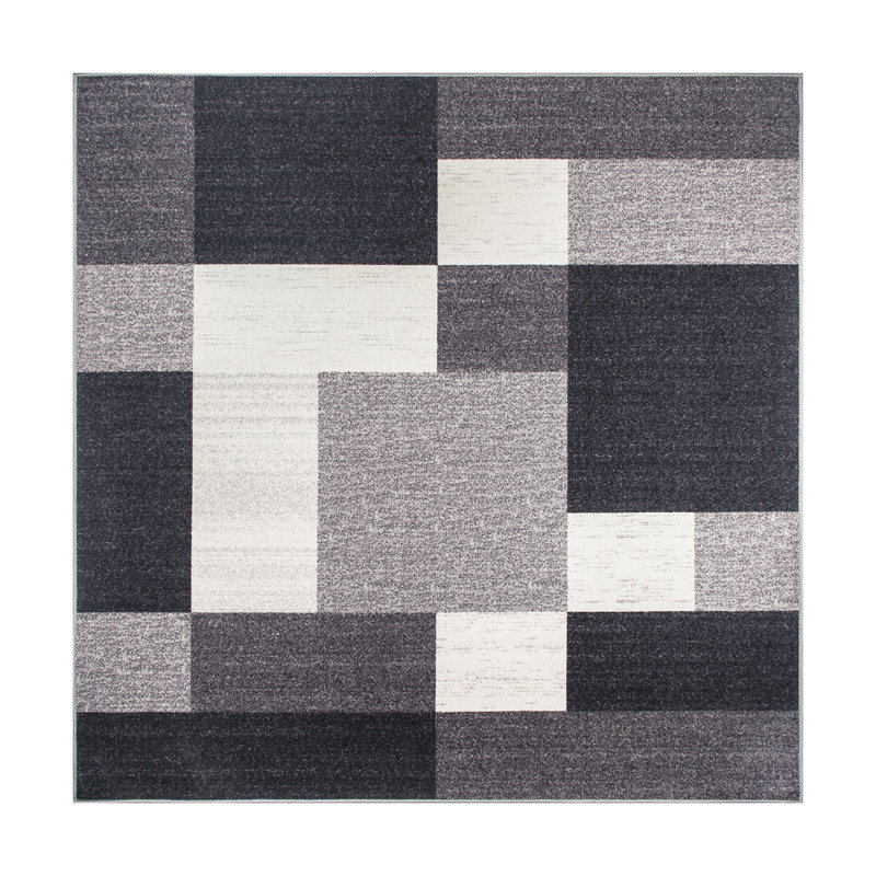 Akieba Geometric Tufted Gray/Black/Ivory Non-Slip Rubberback Area Rug, Square 6'6"