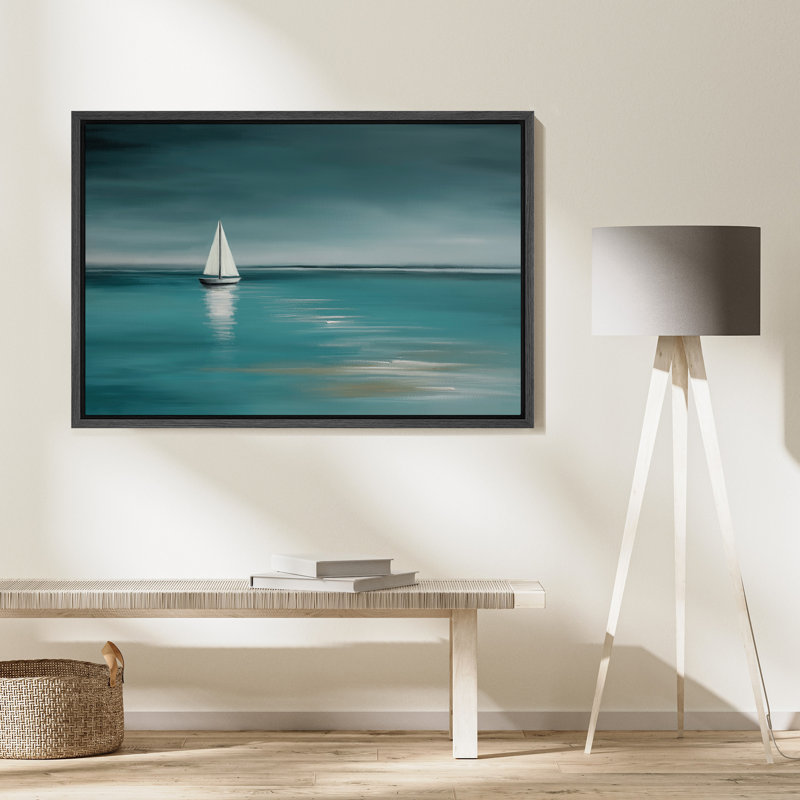 Voilier sur fond bleu sarcelle, reproduction d'art sur toile - décor bord de mer pour le salon ou la chambre à coucher, Noir