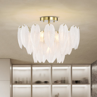Jamaile  7-Light Brushed Shiny Brass Glass Feather-shaped Flush Mount
