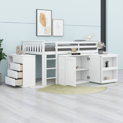 Structure de lit mezzanine avec barrière de sécurité, bureau coulissant et rangement intégré